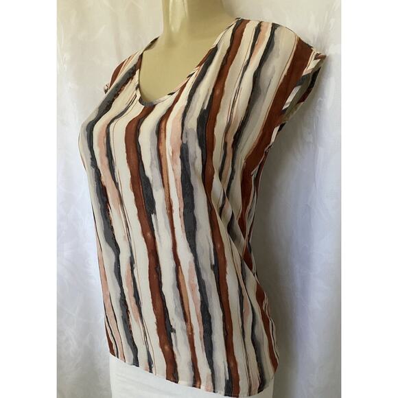 St John Silk Top Blouse Sleeveless Striped Brown Gray Cream Keyhole Stre… - Picture 2 of 9